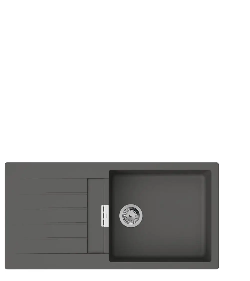 Einbauspüle in Steingrau mit integrierter Abtropffläche von Hansgrohe. Die Spüle hat eine rechteckige Form und eine zentrale Abflussöffnung.